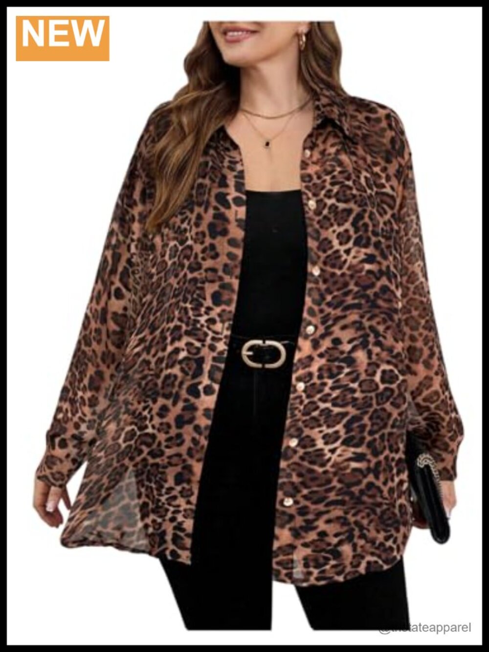 Plus Size Leopard Sheer Blouse Button Front Long Sleeve Polyester